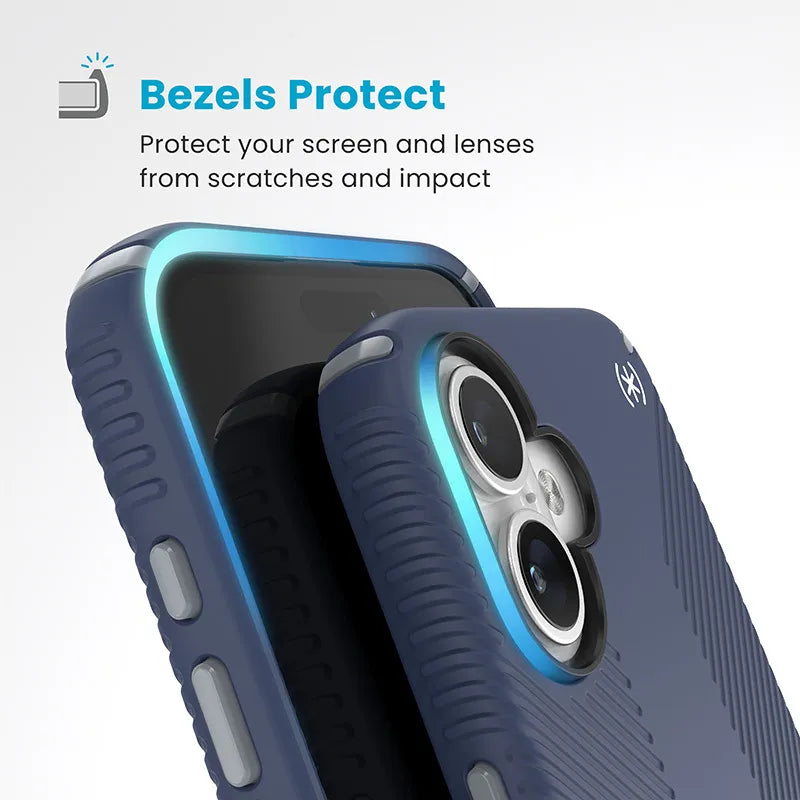 Speck Presidio2 Grip ClickLock ir MagSafe dėklas iPhone 16 Plus (Coastal Blue / Dust Gray / White)