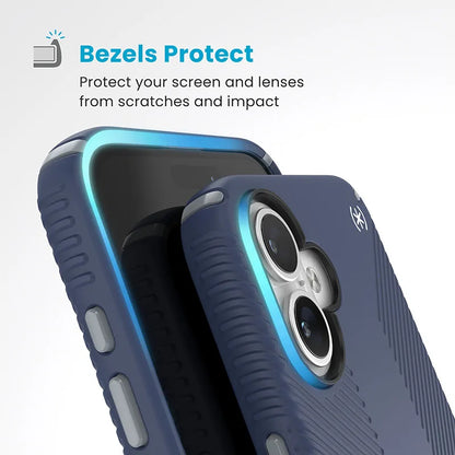 Speck Presidio2 Grip ClickLock ir MagSafe dėklas iPhone 16 Plus (Coastal Blue / Dust Gray / White)