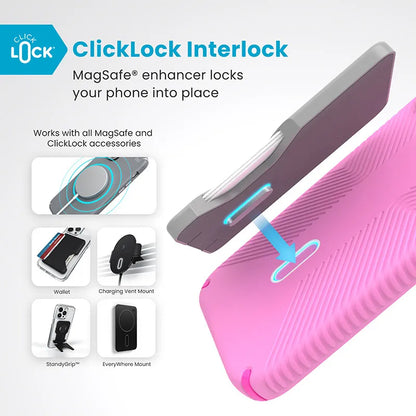 Speck Presidio2 Grip ClickLock ir MagSafe dėklas „iPhone 16 Plus“ (Rožinė / Ryškiai rožinė / Balta)