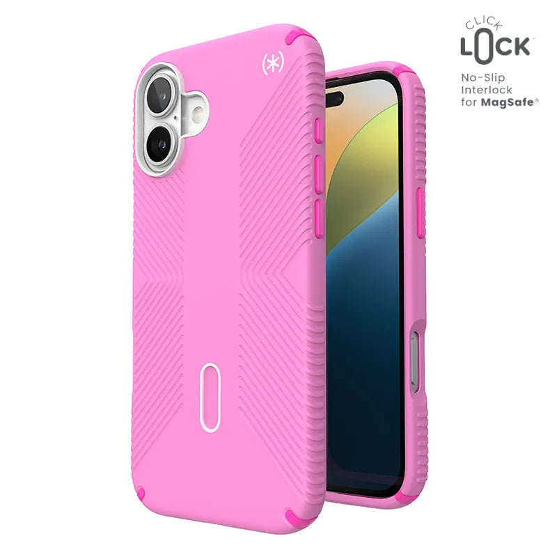 Speck Presidio2 Grip ClickLock ir MagSafe dėklas „iPhone 16 Plus“ (Rožinė / Ryškiai rožinė / Balta)