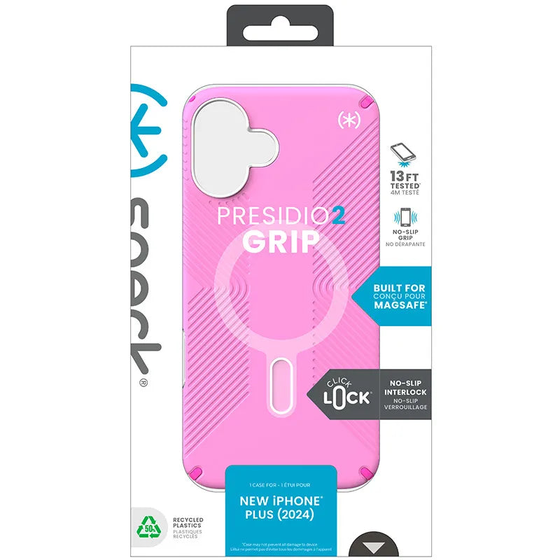 Speck Presidio2 Grip ClickLock ir MagSafe dėklas „iPhone 16 Plus“ (Rožinė / Ryškiai rožinė / Balta)