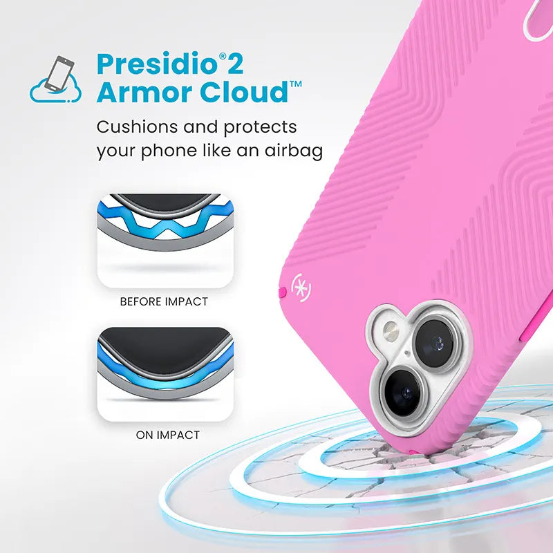 Speck Presidio2 Grip ClickLock ir MagSafe dėklas „iPhone 16 Plus“ (Rožinė / Ryškiai rožinė / Balta)