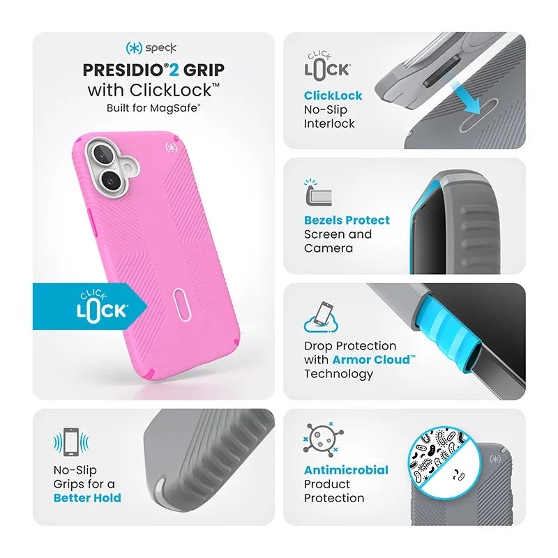 Speck Presidio2 Grip ClickLock ir MagSafe dėklas „iPhone 16 Plus“ (Rožinė / Ryškiai rožinė / Balta)
