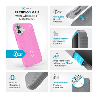Speck Presidio2 Grip ClickLock ir MagSafe dėklas „iPhone 16 Plus“ (Rožinė / Ryškiai rožinė / Balta)