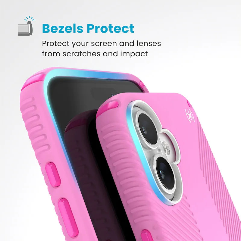 Speck Presidio2 Grip ClickLock ir MagSafe dėklas „iPhone 16 Plus“ (Rožinė / Ryškiai rožinė / Balta)