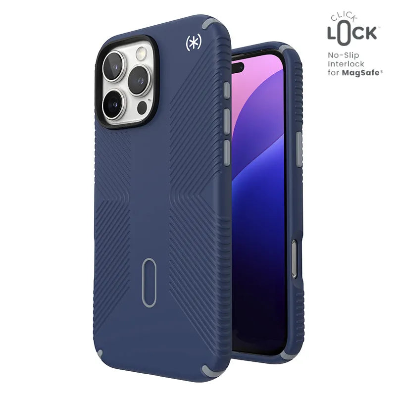 Speck Presidio2 Grip ClickLock ir MagSafe dėklas „iPhone 16 Pro Max“ (Coastal Blue / Dust Gray / White)