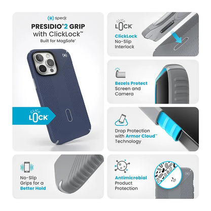 Speck Presidio2 Grip ClickLock ir MagSafe dėklas „iPhone 16 Pro Max“ (Coastal Blue / Dust Gray / White)