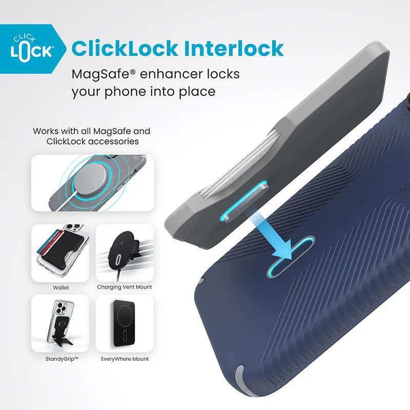 Speck Presidio2 Grip ClickLock ir MagSafe dėklas „iPhone 16 Pro Max“ (Coastal Blue / Dust Gray / White)