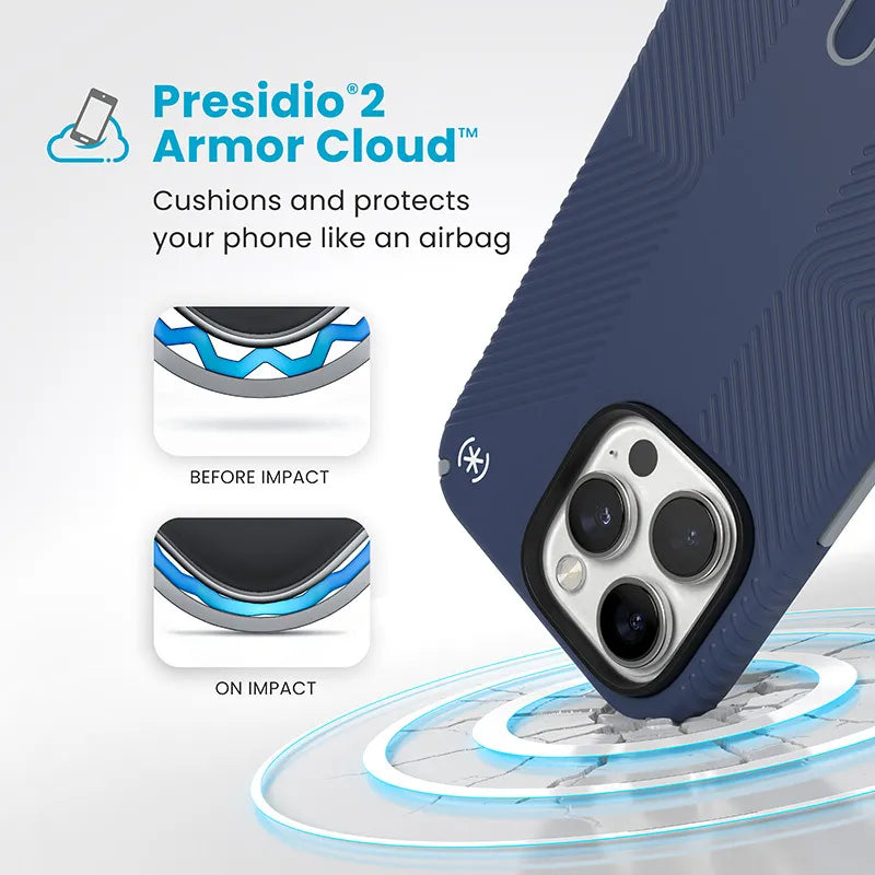 Speck Presidio2 Grip ClickLock ir MagSafe dėklas „iPhone 16 Pro Max“ (Coastal Blue / Dust Gray / White)