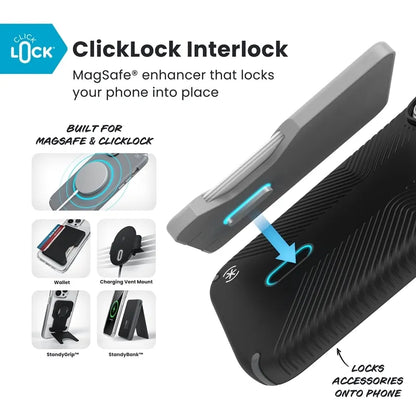 Speck Presidio2 Grip ClickLock ir MagSafe – dėklas iPhone 17 Pro (juodos / plokščių pilkos / baltos spalvos)
