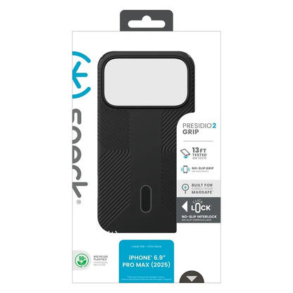 Speck Presidio2 Grip ClickLock ir MagSafe dėklas, skirtas iPhone 17 Pro Max (juoda / pilka / balta)