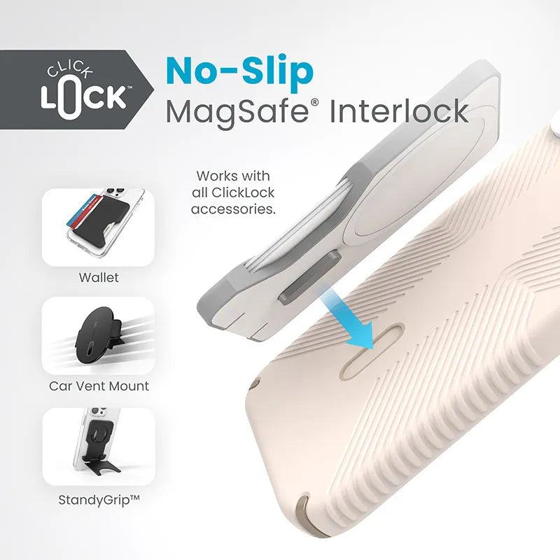 Speck Presidio2 Grip ClickLock ir Magsafe – iPhone 15 Plus / iPhone 14 Plus dėklas (Bleached Bone / Heirloom Gold / Hazel Brown)