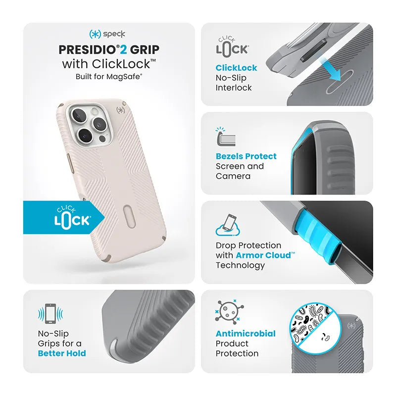 Speck Presidio2 Grip ClickLock ir MagSafe - iPhone 16 Pro dėklas (Bleached Bone / Heirloom Gold / Hazel Brown)