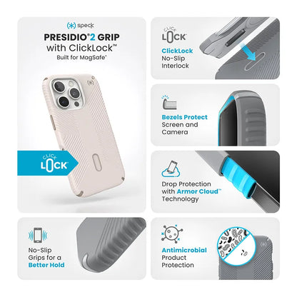 Speck Presidio2 Grip ClickLock ir MagSafe - iPhone 16 Pro dėklas (Bleached Bone / Heirloom Gold / Hazel Brown)