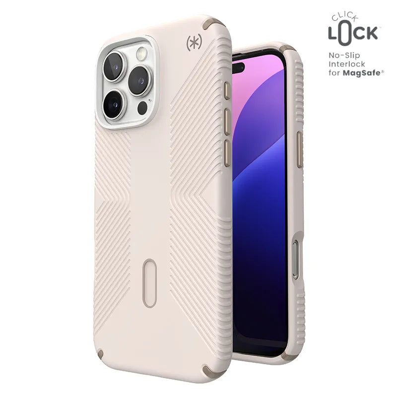 Speck Presidio2 Grip ClickLock ir MagSafe – iPhone 16 Pro Max dėklas (Bleached Bone / Heirloom Gold / Hazel Brown)