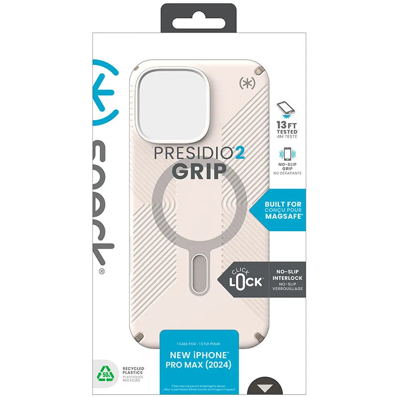 Speck Presidio2 Grip ClickLock ir MagSafe – iPhone 16 Pro Max dėklas (Bleached Bone / Heirloom Gold / Hazel Brown)