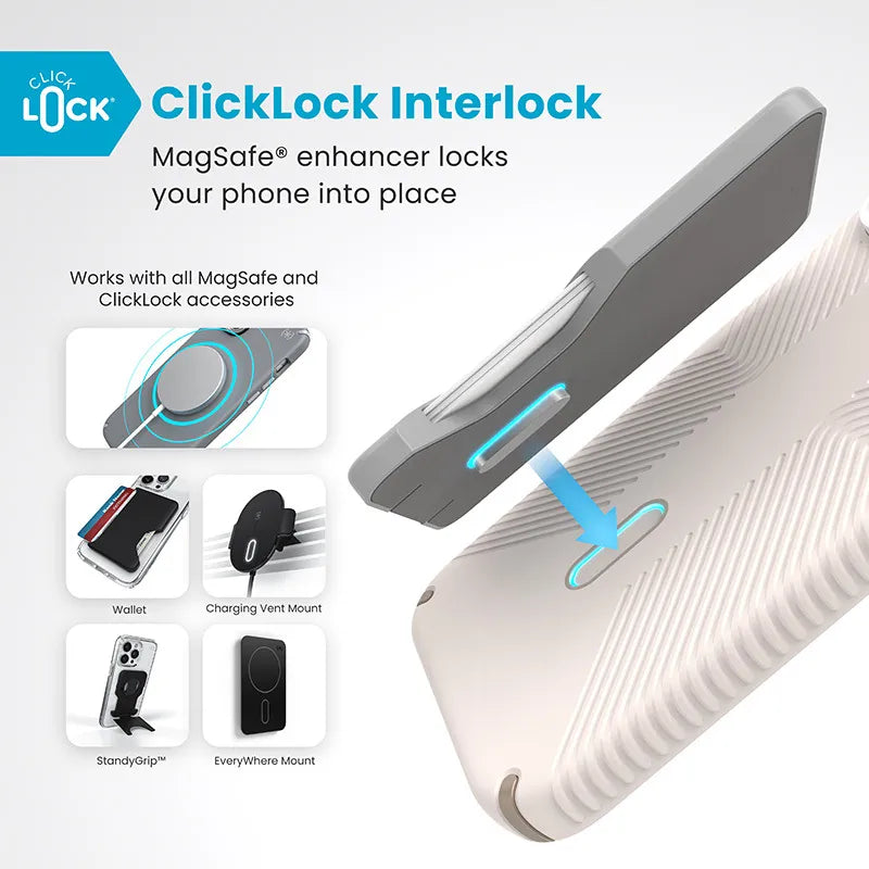 Speck Presidio2 Grip ClickLock ir MagSafe – iPhone 16 Pro Max dėklas (Bleached Bone / Heirloom Gold / Hazel Brown)