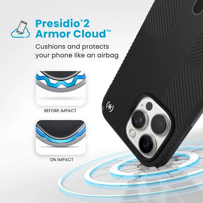 Speck Presidio2 Grip ClickLock ir MagSafe – iPhone 16 Pro Max dėklas (juodas / skalūno pilkas / baltas)
