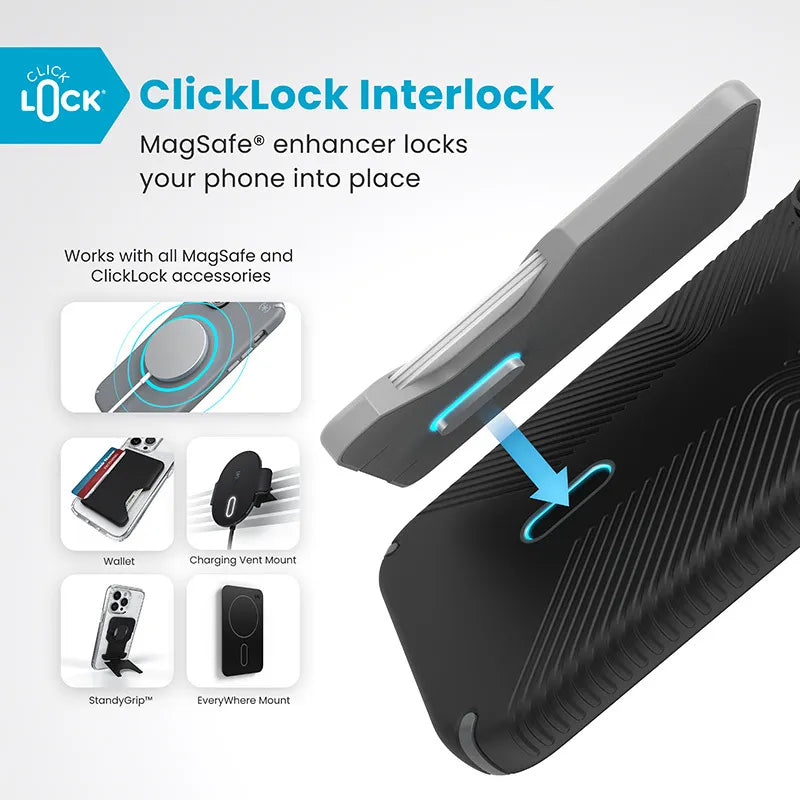 Speck Presidio2 Grip ClickLock ir MagSafe – iPhone 16 Pro Max dėklas (juodas / skalūno pilkas / baltas)
