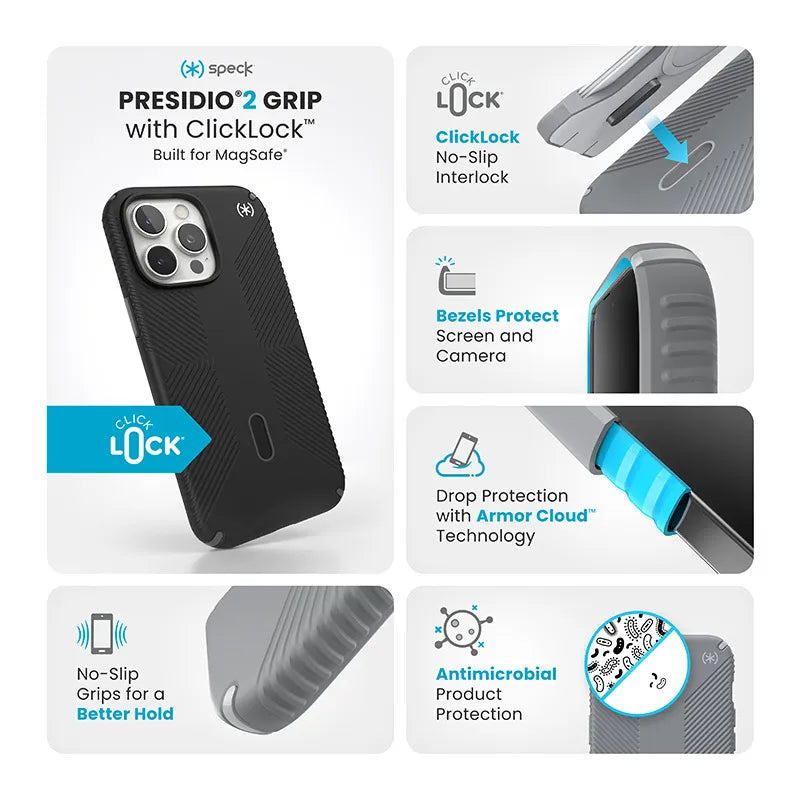 Speck Presidio2 Grip ClickLock ir MagSafe – iPhone 16 Pro Max dėklas (juodas / skalūno pilkas / baltas)