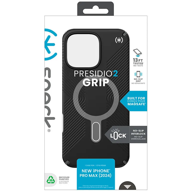 Speck Presidio2 Grip ClickLock ir MagSafe – iPhone 16 Pro Max dėklas (juodas / skalūno pilkas / baltas)