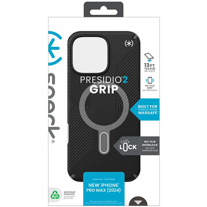 Speck Presidio2 Grip ClickLock ir MagSafe – iPhone 16 Pro Max dėklas (juodas / skalūno pilkas / baltas)