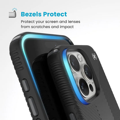 Speck Presidio2 Grip ClickLock ir MagSafe – iPhone 16 Pro Max dėklas (juodas / skalūno pilkas / baltas)