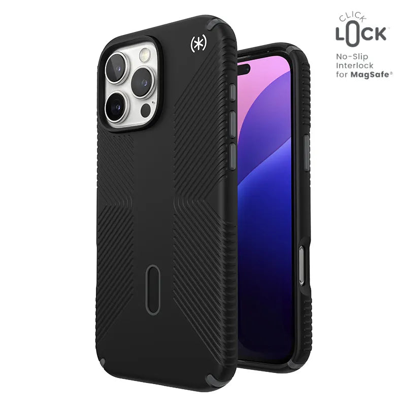 Speck Presidio2 Grip ClickLock ir MagSafe – iPhone 16 Pro Max dėklas (juodas / skalūno pilkas / baltas)