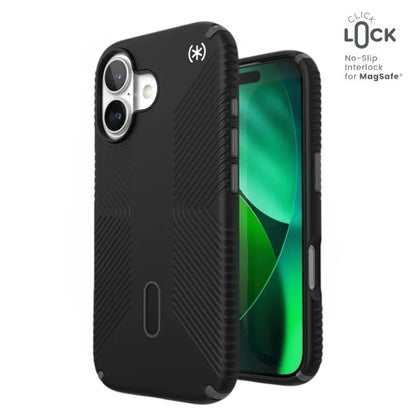 Speck Presidio2 Grip ClickLock ir MagSafe – iPhone 17 dėklas (juoda / alyvuogių pilka / balta)