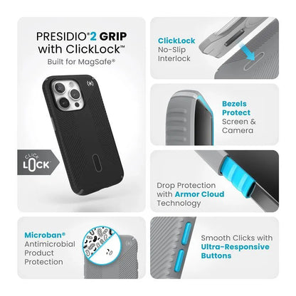 Speck Presidio2 Grip ClickLock & Magsafe – dėklas iPhone 15 Pro (juodas / plūdinės pilkos / baltos spalvos)
