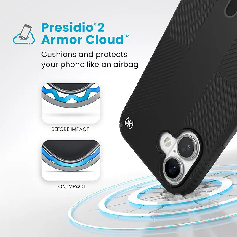 Speck Presidio2 Grip ClickLock & MagSafe – dėklas „iPhone 16 Plus“ (juodas / antracito pilkas / baltas)
