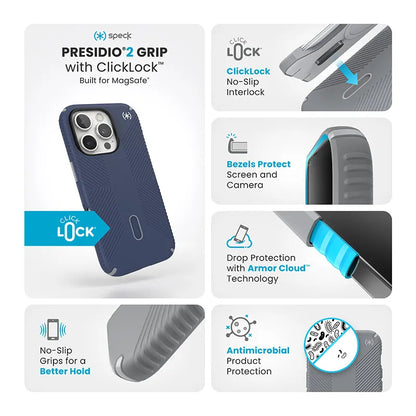Speck Presidio2 Grip ClickLock & MagSafe - Dėklas iPhone 16 Pro (Coastal Blue / Dust Gray / White)