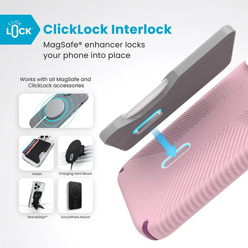 Speck Presidio2 Grip ClickLock & MagSafe – dėklas iPhone 16 Pro Max (trečiadienio rožinė / šermukšnio violetinė / balta)
