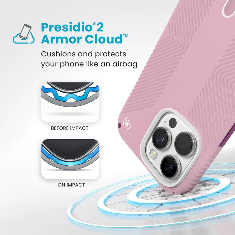 Speck Presidio2 Grip ClickLock & MagSafe – dėklas iPhone 16 Pro Max (trečiadienio rožinė / šermukšnio violetinė / balta)