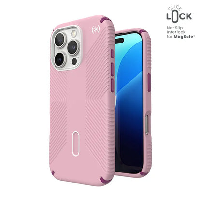Speck Presidio2 Grip ClickLock & MagSafe – dėklas, skirtas iPhone 16 Pro (trečiadienio rožinė / Boysenberry violetinė / balta)
