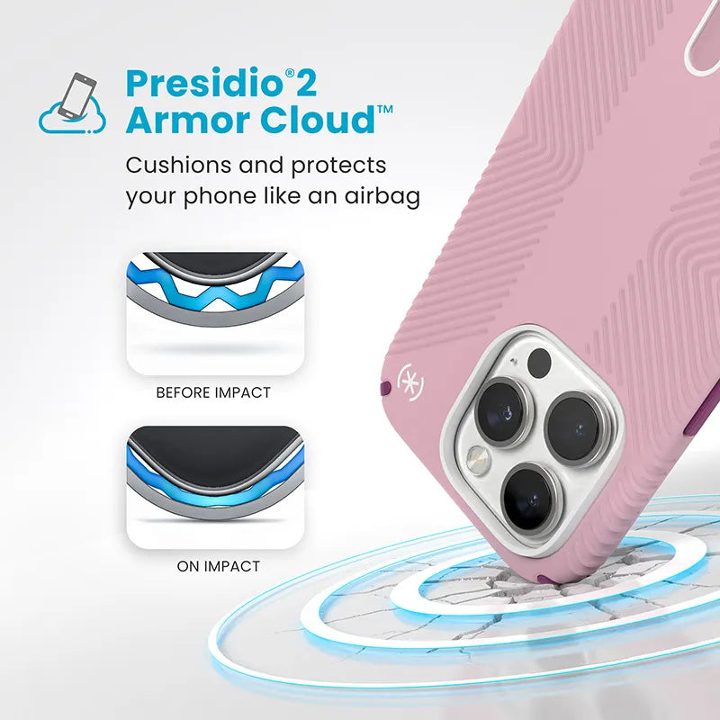 Speck Presidio2 Grip ClickLock & MagSafe – dėklas, skirtas iPhone 16 Pro (trečiadienio rožinė / Boysenberry violetinė / balta)