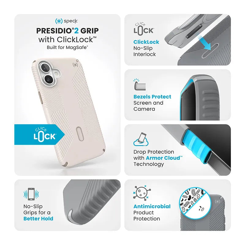 Speck Presidio2 Grip ClickLock & MagSafe – iPhone 16 Plus dėklas (Bleached Bone / Heirloom Gold / Hazel Brown)