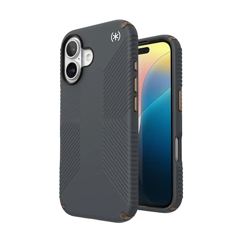 Speck Presidio2 Grip dėklas – iPhone 16 (Anglies pilkumo / Vėsios bronzos / Baltos)