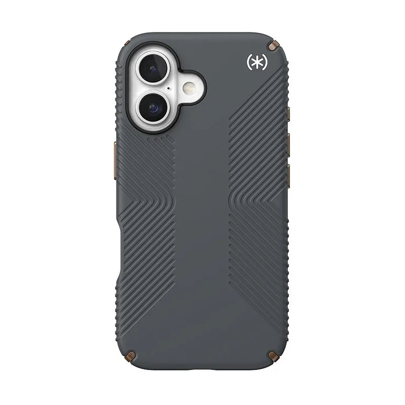 Speck Presidio2 Grip dėklas – iPhone 16 (Anglies pilkumo / Vėsios bronzos / Baltos)
