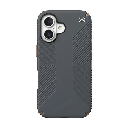 Speck Presidio2 Grip dėklas – iPhone 16 (Anglies pilkumo / Vėsios bronzos / Baltos)