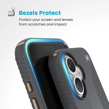 Speck Presidio2 Grip dėklas – iPhone 16 (Anglies pilkumo / Vėsios bronzos / Baltos)