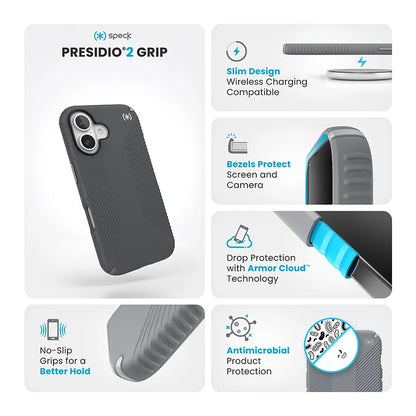 Speck Presidio2 Grip dėklas – iPhone 16 (Anglies pilkumo / Vėsios bronzos / Baltos)