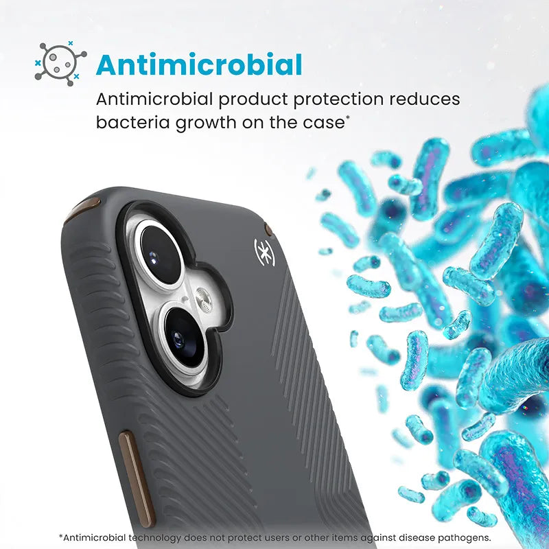 Speck Presidio2 Grip dėklas – iPhone 16 (Anglies pilkumo / Vėsios bronzos / Baltos)