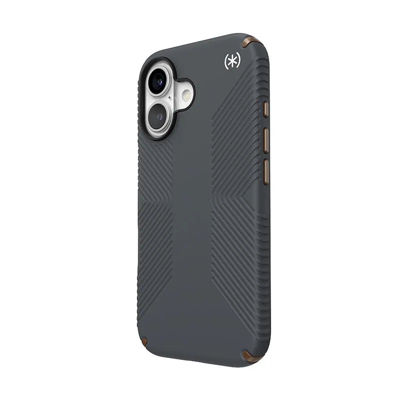 Speck Presidio2 Grip dėklas – iPhone 16 (Anglies pilkumo / Vėsios bronzos / Baltos)