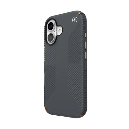 Speck Presidio2 Grip dėklas – iPhone 16 (Anglies pilkumo / Vėsios bronzos / Baltos)