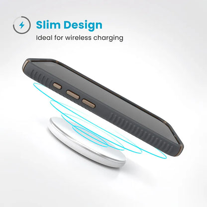 Speck Presidio2 Grip dėklas – iPhone 16 (Anglies pilkumo / Vėsios bronzos / Baltos)