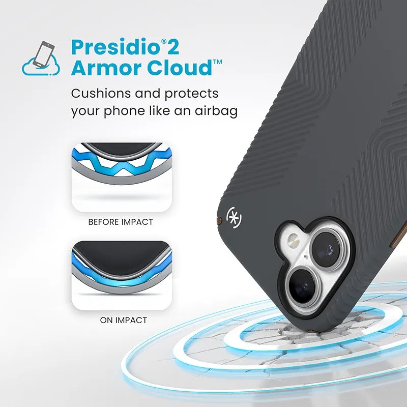 Speck Presidio2 Grip dėklas – iPhone 16 (Anglies pilkumo / Vėsios bronzos / Baltos)