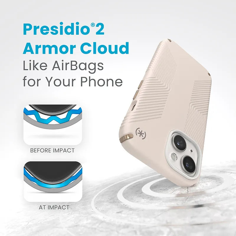 Speck Presidio2 Grip – dėklas iPhone 16e / iPhone 15 / iPhone 14 / iPhone 13 (Bleached Bone / Heirloom Gold / Hazel Brown)
