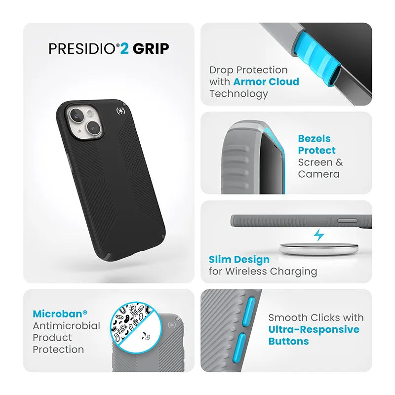 Speck Presidio2 Grip – dėklas, skirtas iPhone 17e / 16e / 15 / 14 / 13 (juoda / pilka / balta)