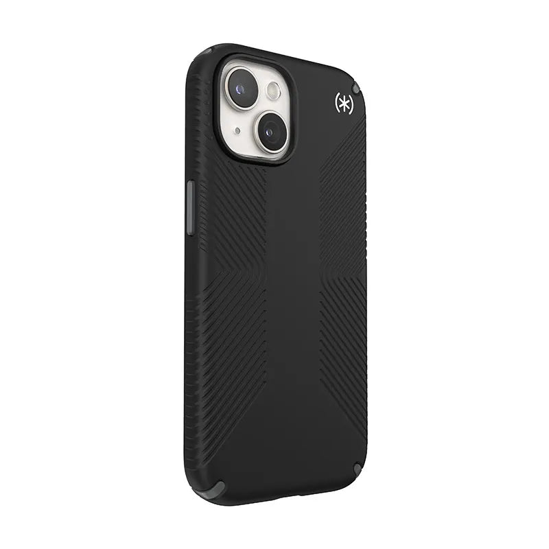 Speck Presidio2 Grip – dėklas, skirtas iPhone 17e / 16e / 15 / 14 / 13 (juoda / pilka / balta)